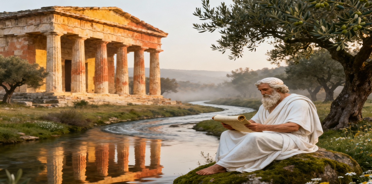 Η «αιώνια επιστροφή: Από τον Ηράκλειτο στον Νίτσε» - Αρχαίος Έλληνας φιλόσοφος με μακριά λευκή γενειάδα κάθεται σε έναν βράχο δίπλα σε ποτάμι και διαβάζει έναν πάπυρο. Στο φόντο διακρίνεται ένας αρχαίος ναός με κίονες και ένα τοπίο με ελαιόδεντρα κάτω από το θερμό φως του ήλιου που δύει.