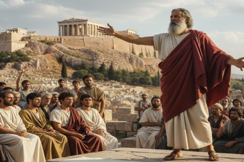 Ένας γενειοφόρος άνδρας με αρχαιοελληνική ενδυμασία (πιθανόν ο Αλκιδάμας) αγορεύει με ανοιχτά χέρια σε πλήθος αρχαίων Ελλήνων πολιτών. Στο βάθος διακρίνεται η Ακρόπολη των Αθηνών με τον Παρθενώνα. Ο ουρανός είναι καθαρός με λίγα σύννεφα, υποδηλώνοντας μια ηλιόλουστη μέρα.