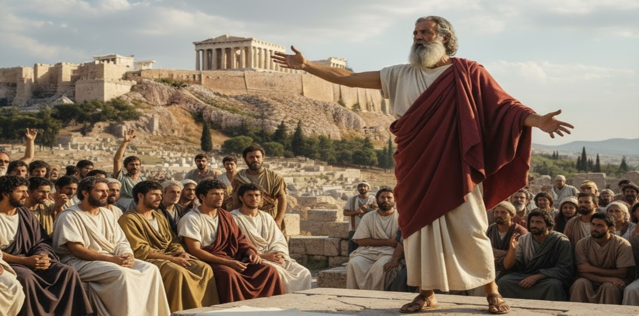 Ένας γενειοφόρος άνδρας με αρχαιοελληνική ενδυμασία (πιθανόν ο Αλκιδάμας) αγορεύει με ανοιχτά χέρια σε πλήθος αρχαίων Ελλήνων πολιτών. Στο βάθος διακρίνεται η Ακρόπολη των Αθηνών με τον Παρθενώνα. Ο ουρανός είναι καθαρός με λίγα σύννεφα, υποδηλώνοντας μια ηλιόλουστη μέρα.