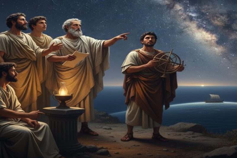 Πώς οι Αρχαίοι Έλληνες συνειδητοποίησαν ότι η Γη είναι στρογγυλή - Μια ομάδα αρχαίων Ελλήνων ανδρών, με ρούχα της εποχής, παρατηρεί τον γεμάτο αστέρια νυχτερινό ουρανό από έναν παράκτιο λόφο. Ένας σοφός άνδρας δείχνει προς τον ουρανό, ενώ ένας άλλος κρατά ένα αστρονομικό όργανο. Στη θάλασσα διακρίνεται ένα πλοίο που εξαφανίζεται στον ορίζοντα. Η σκηνή υποδηλώνει αστρονομική παρατήρηση και φιλοσοφική αναζήτηση.