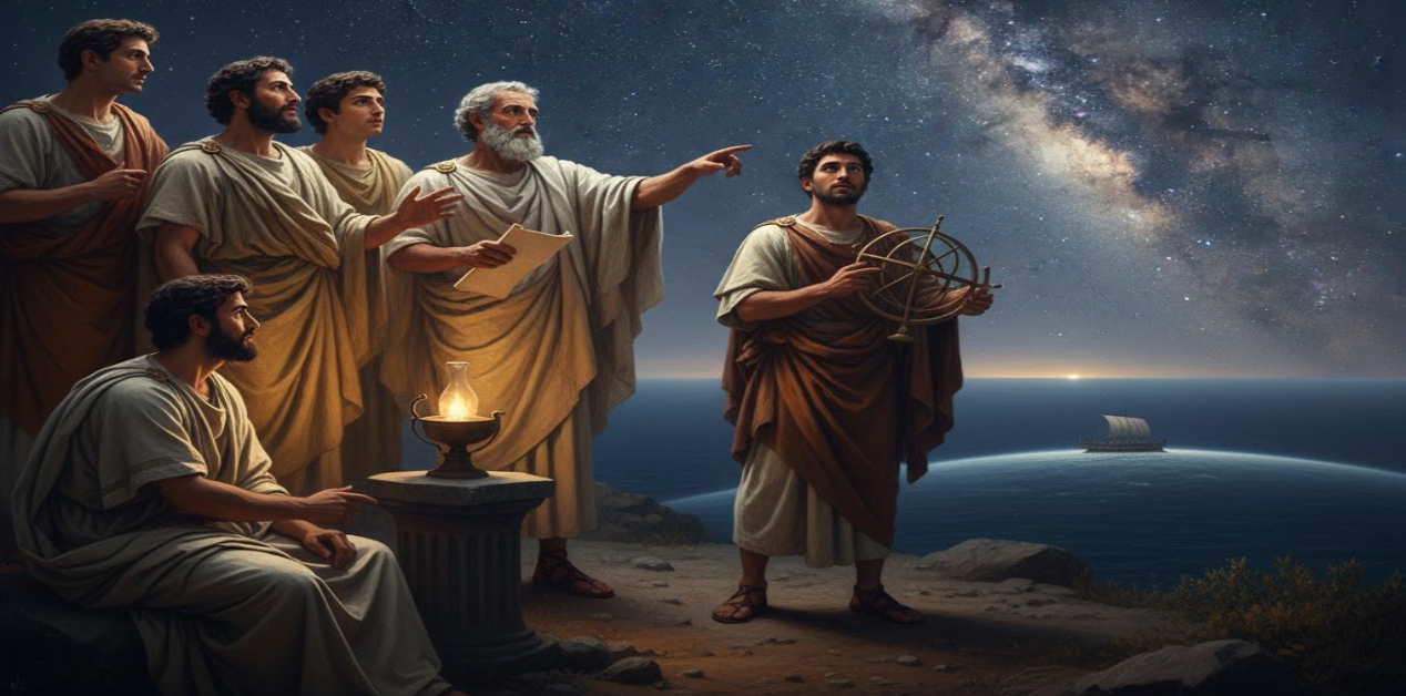 Πώς οι Αρχαίοι Έλληνες συνειδητοποίησαν ότι η Γη είναι στρογγυλή - Μια ομάδα αρχαίων Ελλήνων ανδρών, με ρούχα της εποχής, παρατηρεί τον γεμάτο αστέρια νυχτερινό ουρανό από έναν παράκτιο λόφο. Ένας σοφός άνδρας δείχνει προς τον ουρανό, ενώ ένας άλλος κρατά ένα αστρονομικό όργανο. Στη θάλασσα διακρίνεται ένα πλοίο που εξαφανίζεται στον ορίζοντα. Η σκηνή υποδηλώνει αστρονομική παρατήρηση και φιλοσοφική αναζήτηση.