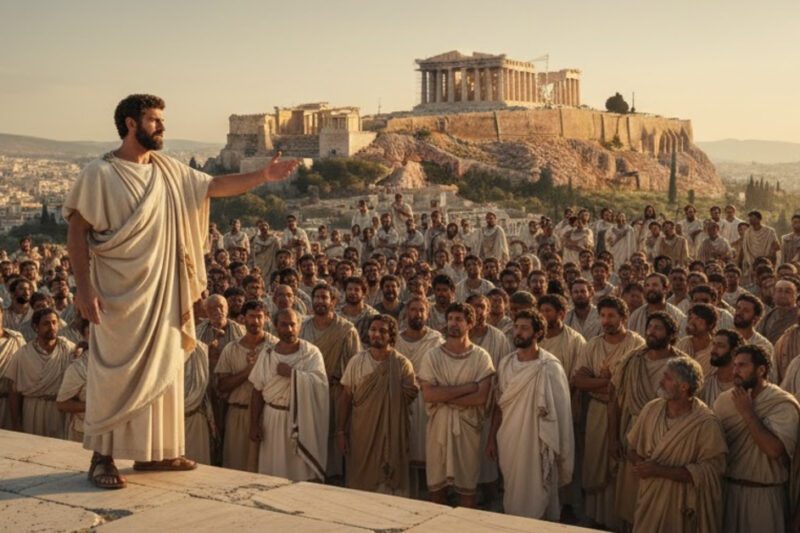 Πώς η Αθηναϊκή Δημοκρατία άλλαξε την πορεία της ιστορίας - Αληθοφανής αναπαράσταση αρχαίας Αθήνας. Ένας γενειοφόρος ρήτορας με λευκό χιτώνα μιλά με τεντωμένο χέρι σε μια μεγάλη ομάδα ανδρών πολιτών, επίσης με χιτώνες, συγκεντρωμένων σε πέτρινη εξέδρα. Στο βάθος, κάτω από καθαρό ουρανό, δεσπόζει η Ακρόπολη με τον Παρθενώνα, ενώ διακρίνεται και τμήμα της πόλης.