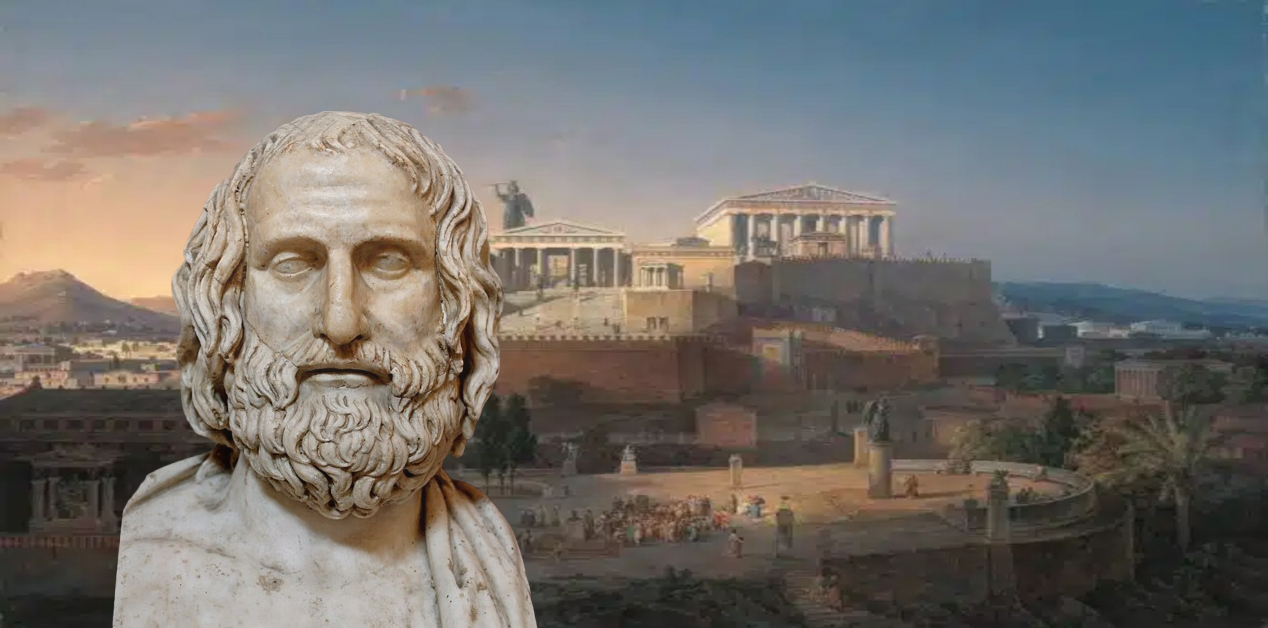Γιατί ο Ευριπίδης έγινε εχθρός της ίδιας του της πόλης - Μαρμάρινη προτομή του αρχαίου Έλληνα τραγικού ποιητή Ευριπίδη, μπροστά από μια ζωγραφική απεικόνιση της Ακρόπολης των Αθηνών κατά την αρχαιότητα.