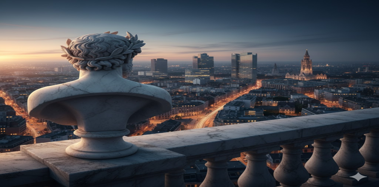 Κλασική μαρμάρινη προτομή με δάφνινο στεφάνι αγναντεύει πανοραμικά μια σύγχρονη ευρωπαϊκή πόλη από ψηλά, την ώρα του σούρουπου.