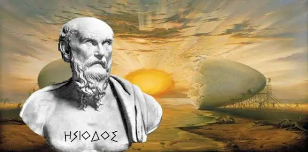 Ησίοδος και Θεογονία: Η Φιλοσοφία της Κοσμογονίας Πίσω από τον Μύθο - Μια σύνθετη εικόνα (κολάζ) που δείχνει μια αρχαία Ελληνική προτομή με την επιγραφή "ΗΣΙΟΔΟΣ", τοποθετημένη μπροστά από έναν σουρεαλιστικό πίνακα με ένα γιγάντιο σπασμένο αυγό σε ένα έρημο τοπίο κάτω από έναν δραματικό ουρανό.