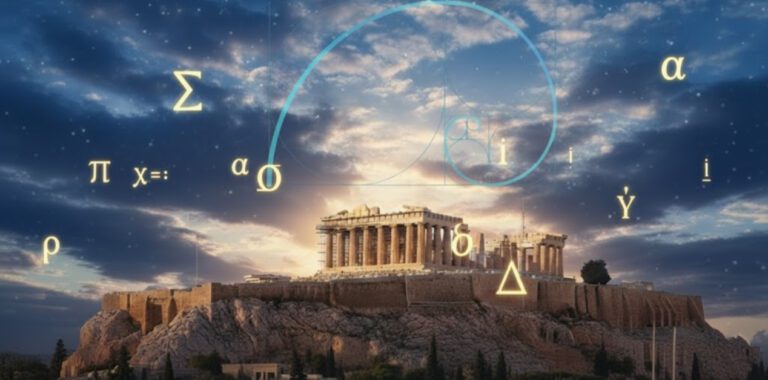 Ο Κρυμμένος Κώδικας Πίσω από τον Διαχρονικό Πολιτισμό της Αρχαίας Ελλάδας - Φωτογραφία της Ακρόπολης των Αθηνών το σούρουπο, με τον Παρθενώνα και άλλα κτίρια να δεσπόζουν σε έναν βραχώδη λόφο. Ο ουρανός είναι γεμάτος σκούρα μπλε και πορτοκαλί σύννεφα, ενώ αστέρια διακρίνονται στο βάθος. Πάνω στον ουρανό αιωρούνται χρυσά αρχαία ελληνικά γράμματα (όπως Σίγμα, Πι, Άλφα, Δέλτα, Ωμέγα) και μαθηματικά σύμβολα, μαζί με ένα μεγάλο γαλάζιο περίγραμμα που αναπαριστά τη Χρυσή Σπείρα (αναλογία Φ), συμβολίζοντας την αρμονία και τον κρυμμένο κώδικα της αρχαίας ελληνικής σοφίας.