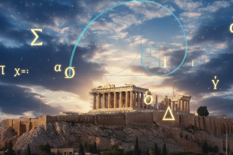 Ο Κρυμμένος Κώδικας Πίσω από τον Διαχρονικό Πολιτισμό της Αρχαίας Ελλάδας - Φωτογραφία της Ακρόπολης των Αθηνών το σούρουπο, με τον Παρθενώνα και άλλα κτίρια να δεσπόζουν σε έναν βραχώδη λόφο. Ο ουρανός είναι γεμάτος σκούρα μπλε και πορτοκαλί σύννεφα, ενώ αστέρια διακρίνονται στο βάθος. Πάνω στον ουρανό αιωρούνται χρυσά αρχαία ελληνικά γράμματα (όπως Σίγμα, Πι, Άλφα, Δέλτα, Ωμέγα) και μαθηματικά σύμβολα, μαζί με ένα μεγάλο γαλάζιο περίγραμμα που αναπαριστά τη Χρυσή Σπείρα (αναλογία Φ), συμβολίζοντας την αρμονία και τον κρυμμένο κώδικα της αρχαίας ελληνικής σοφίας.