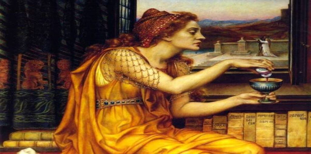 Πώς η Locusta Έγινε το Φονικό Όπλο του Νέρωνα - Πίνακας που απεικονίζει τη Λοκούστα, μια γυναίκα με κόκκινα μαλλιά και πορτοκαλί-χρυσό φόρεμα, να ρίχνει προσεκτικά μια σκούρα ουσία από ένα φιαλίδιο μέσα σε ένα περίτεχνο κύπελλο. Είναι καθισμένη μπροστά από μια σειρά αρχαίων βιβλίων, και από ένα παράθυρο στο βάθος, φαίνονται δύο μορφές σε μια αυλή κάτω από το φως του απογεύματος.