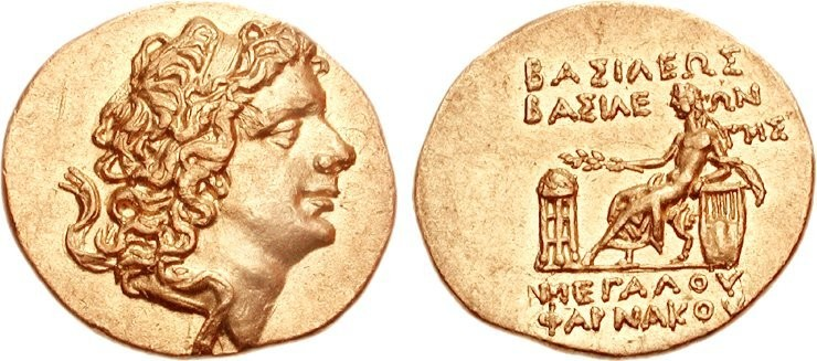 Χρυσός στατήρας του Φαρνάκη Β΄ με Απόλλωνα και επιγραφή ΒΑΣΙΛΕΩΣ ΒΑΣΙΛΕΩΝ ΜΕΓΑΛΟΥ ΦΑΡΝΑΚΟΥ