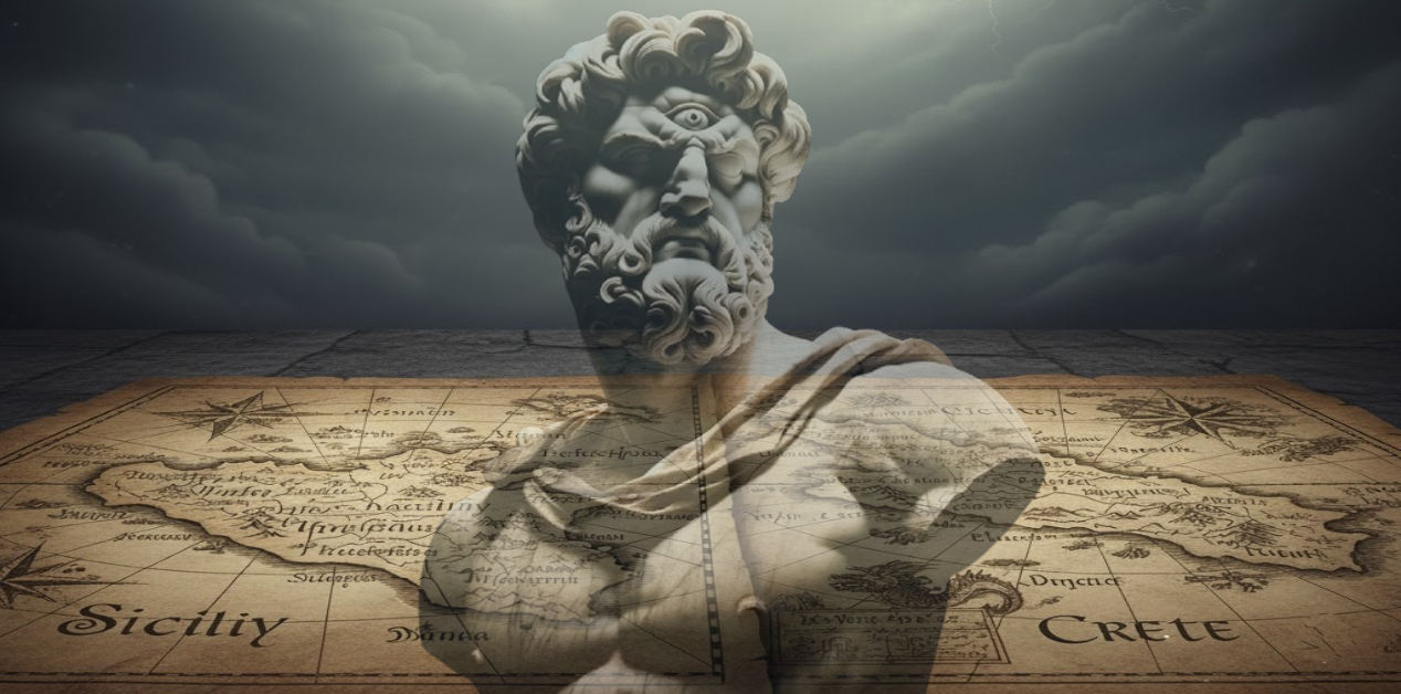 Πού βρισκόταν το νησί των Κυκλώπων στην Οδύσσεια; - Ημιδιαφανής μαρμάρινη προτομή του Κύκλωπα Πολύφημου, τοποθετημένη πάνω από δύο παλιούς χάρτες της Σικελίας και της Κρήτης. Στο φόντο διακρίνεται ένας σκοτεινός, θυελλώδης ουρανός.