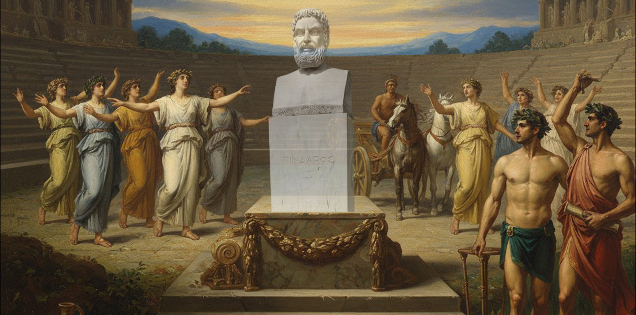 Πίνδαρος: Ο Ποιητής των επινικίων ωδών - "Αρχαίο Ελληνικό στάδιο, με φίλους και φίλες του Πινδάρου να χορεύουν γύρω από ένα χρυσοποίκιλτο θρόνο που φέρει το όνομά του, τιμώντας την απουσία του ποιητή. Στο βάθος, ένα άρμα με άλογα και αναβάτες περιμένει, ενισχύοντας την ατμόσφαιρα της τελετής και της κληρονομιάς. Στον ουρανό, θεότητες και χρυσά σύννεφα προσθέτουν μια θεϊκή διάσταση στην εικόνα, ενώ οι κούπες στο κάτω αριστερό μέρος του θρόνου συμβολίζουν τη νίκη και την δόξα."