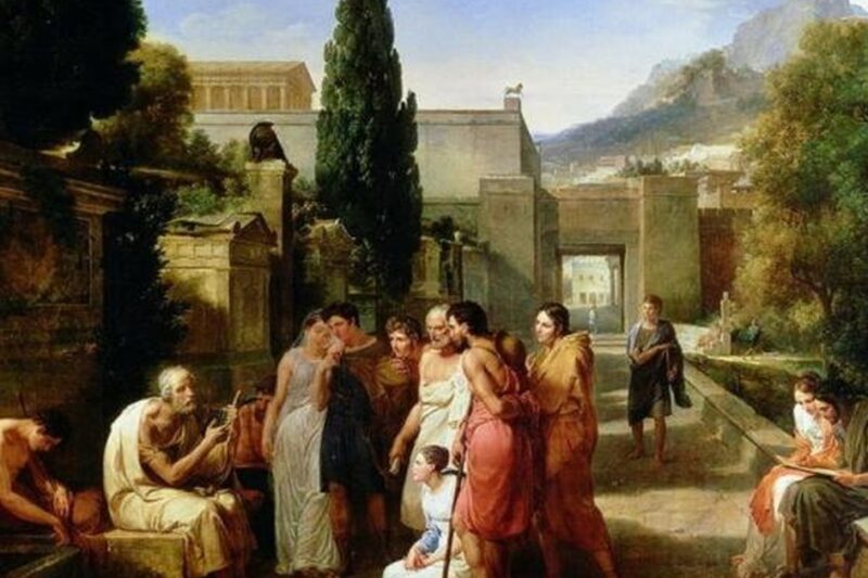 Όμηρος απαγγέλλει την Ιλιάδα μπροστά σε ακροατήριο στην αρχαία Αθήνα – νεοκλασικός πίνακας με αρχιτεκτονικό φόντο και δραματικό φως.