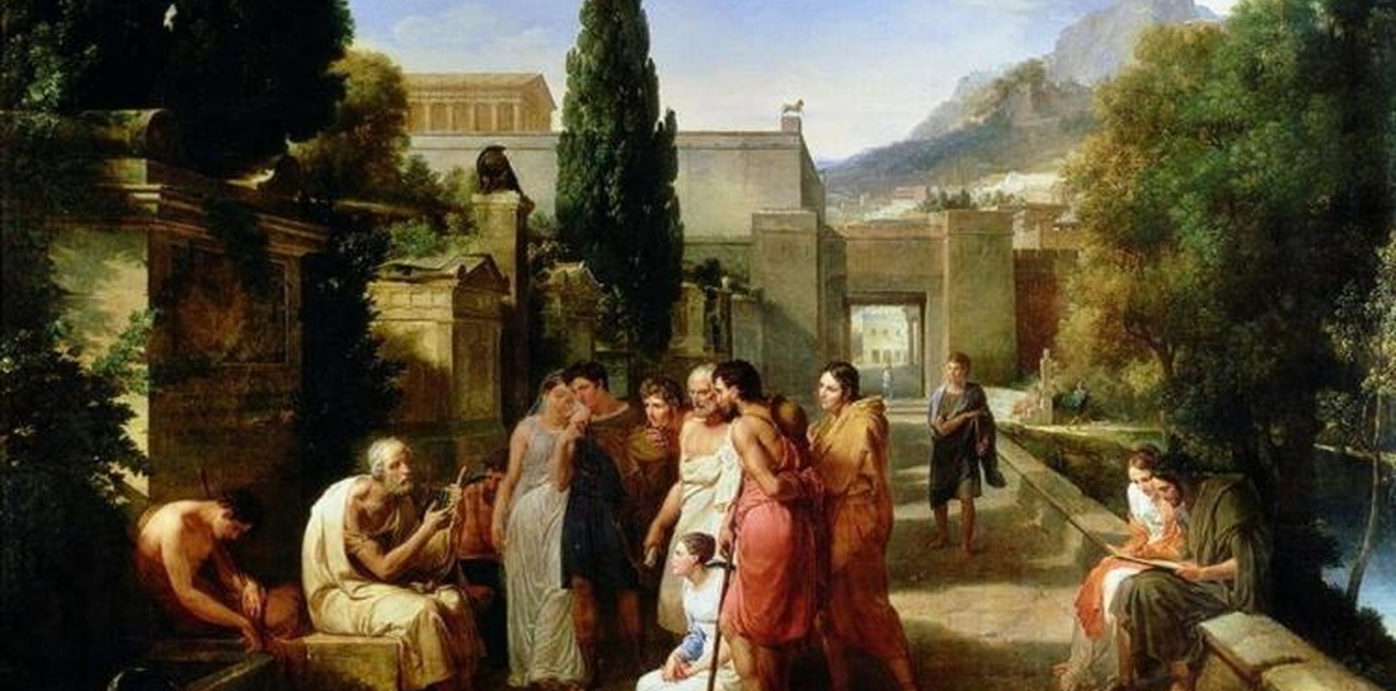 Όμηρος απαγγέλλει την Ιλιάδα μπροστά σε ακροατήριο στην αρχαία Αθήνα – νεοκλασικός πίνακας με αρχιτεκτονικό φόντο και δραματικό φως.