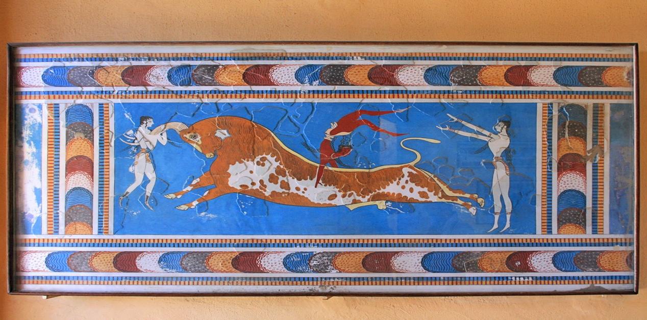 Μινωική τοιχογραφία με ταυροκαθάψια από το ανάκτορο της Κνωσού