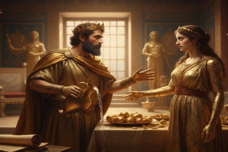 Ο Βασιλιάς Μίδας με χρυσά ρούχα και στέμμα, κρατάει μια κανάτα από την οποία χύνεται χρυσό νερό. Κοιτάζει με τρόμο μια νεαρή γυναίκα που μετατρέπεται σε χρυσό άγαλμα, με τα χέρια της απλωμένα. Στο τραπέζι μπροστά τους, φαγητά έχουν μεταμορφωθεί σε χρυσά αντικείμενα. Το σκηνικό είναι ένα αρχαίο δωμάτιο διακοσμημένο με χρυσά αγάλματα, υπογραμμίζοντας την τραγωδία του "χρυσού αγγίγματος".