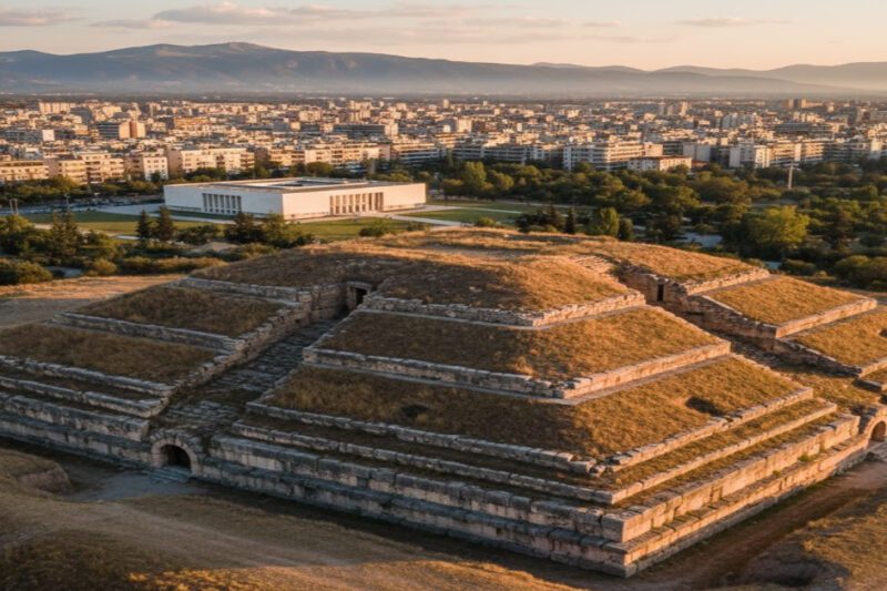 Η βαθμιδωτή πυραμίδα του Αμφίωνα στη Θήβα - Εναέρια άποψη μιας αρχαίας, βαθμιδωτής πέτρινης πυραμίδας, εν μέρει καλυμμένης από χορτάρι, με εισόδους σε θολωτές στοές. Στο βάθος, απλώνεται μια σύγχρονη πόλη με κτίρια και δρόμους, περιτριγυρισμένη από δέντρα, ενώ στο βάθος διακρίνονται βουνά κάτω από έναν πορτοκαλί-ροζ ουρανό κατά τη δύση του ηλίου. Η εικόνα απεικονίζει την τοποθεσία της βαθμιδωτής πυραμίδας του Αμφίωνα στη Θήβα, Ελλάδα.