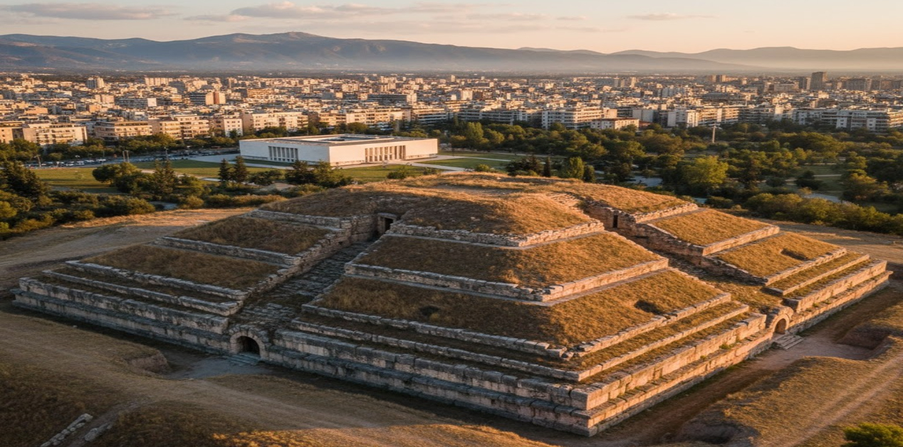Η βαθμιδωτή πυραμίδα του Αμφίωνα στη Θήβα - Εναέρια άποψη μιας αρχαίας, βαθμιδωτής πέτρινης πυραμίδας, εν μέρει καλυμμένης από χορτάρι, με εισόδους σε θολωτές στοές. Στο βάθος, απλώνεται μια σύγχρονη πόλη με κτίρια και δρόμους, περιτριγυρισμένη από δέντρα, ενώ στο βάθος διακρίνονται βουνά κάτω από έναν πορτοκαλί-ροζ ουρανό κατά τη δύση του ηλίου. Η εικόνα απεικονίζει την τοποθεσία της βαθμιδωτής πυραμίδας του Αμφίωνα στη Θήβα, Ελλάδα.