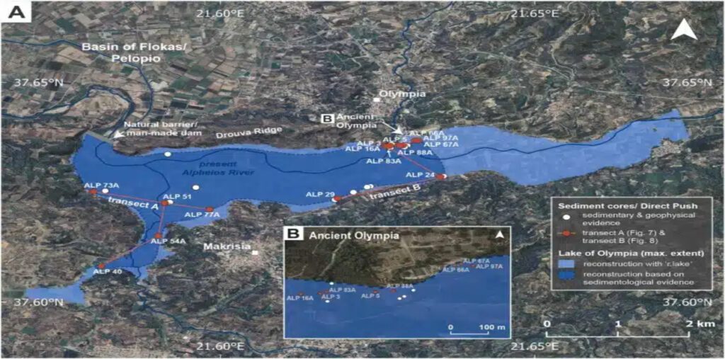 Χάρτης αναπαράστασης της μέγιστης έκτασης της Χαμένης Λίμνης της αρχαίας Ολυμπίας (μπλε περιοχή) με γεωλογικά δεδομένα και σημεία δειγματοληψίας πυρήνων ιζημάτων. Δείχνει τη λίμνη να περιβάλλει την περιοχή της Αρχαίας Ολυμπίας.
