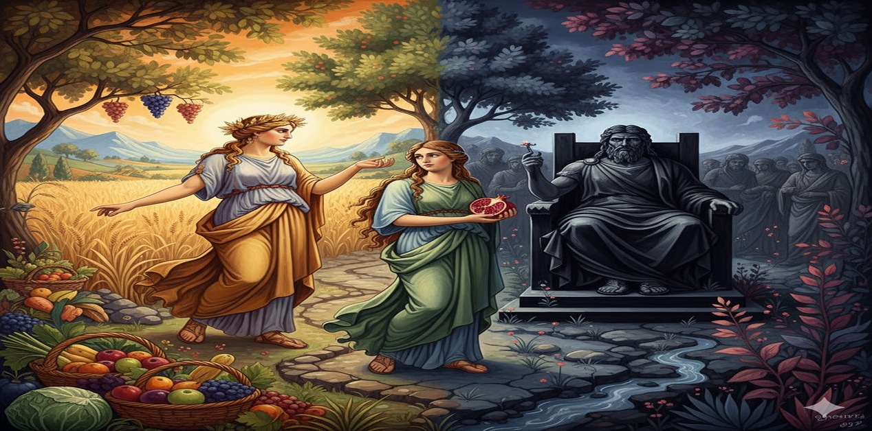 Μια εικονογράφηση που χωρίζεται σε δύο μέρη: στα αριστερά, η Δήμητρα σε ένα φωτεινό, εύφορο χωράφι με άφθονη σοδειά, και στα δεξιά, ο Άδης σε έναν σκοτεινό, γκρίζο Κάτω Κόσμο. Στο κέντρο, η Περσεφόνη με ένα ρόδι στο χέρι, βρίσκεται στο μεταίχμιο των δύο κόσμων, συμβολίζοντας τον κύκλο των εποχών.