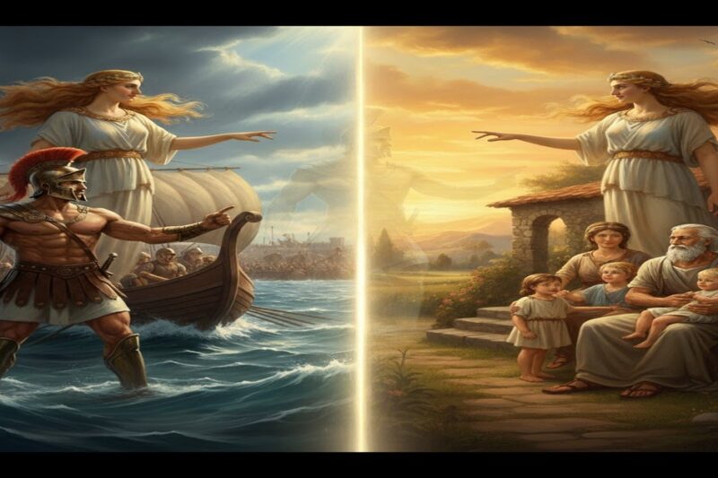 Ψηφιακή σύνθεση που αντιπαραβάλλει δύο σκηνές, με μια θεϊκή μορφή να τις παρουσιάζει. Αριστερά, ένας αρχαίος Έλληνας πολεμιστής σε πλοίο σε φουρτουνιασμένη θάλασσα με μια φλεγόμενη πόλη. Δεξιά, ένας ηλικιωμένος άνδρας στο κρεβάτι του, περιτριγυρισμένος από μια γαλήνια οικογένεια σε ένα ήσυχο τοπίο.