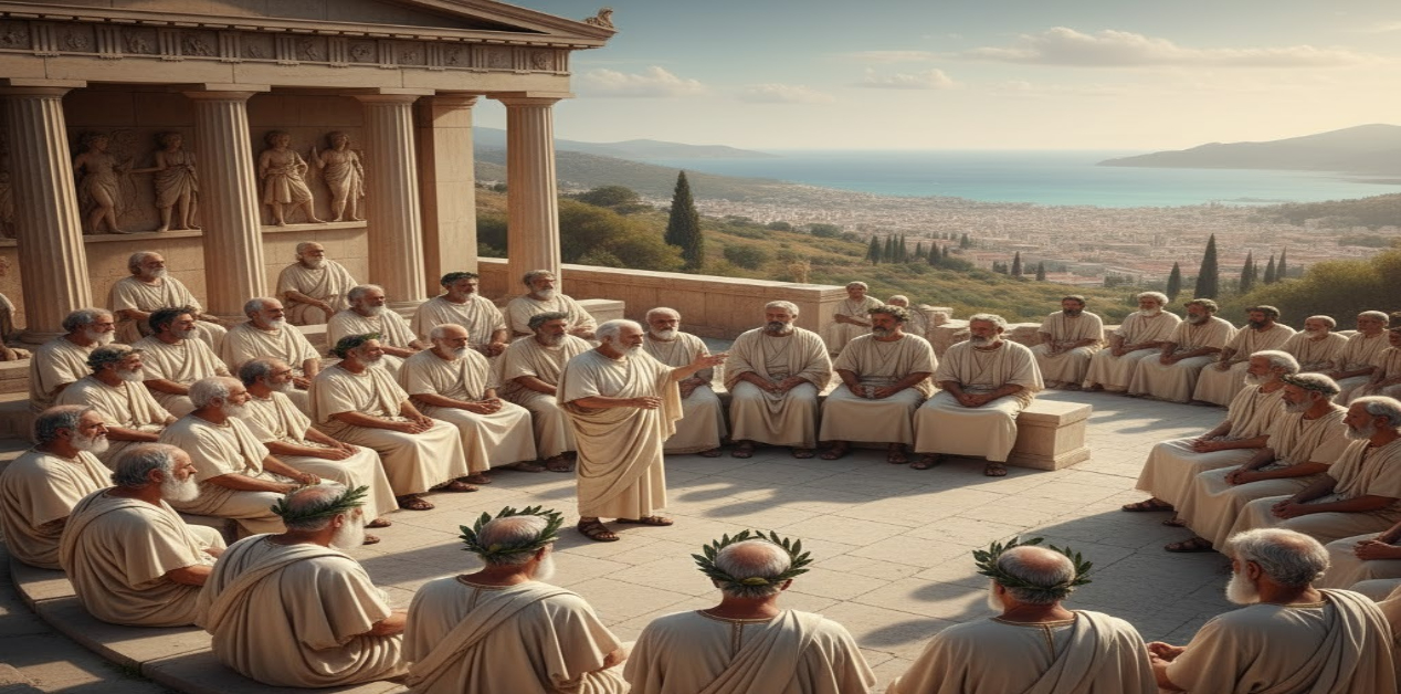 Ανώτατα συμβούλια εξουσίας στην αρχαιότητα: Ηλικιωμένοι άνδρες με δάφνινα στεφάνια συνεδριάζουν σε κύκλο σε αρχαίο ναό με θέα τη θάλασσα.