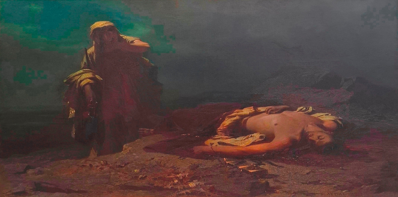 Αντιγόνη και Πολυνείκης - Ο πίνακας του Νικηφόρου Λύτρα "Η Αντιγόνη προ του νεκρού Πολυνείκη". Η Αντιγόνη θρηνεί γονατιστή πάνω από το άψυχο σώμα του αδελφού της, Πολυνείκη, σε ένα σκοτεινό τοπίο.