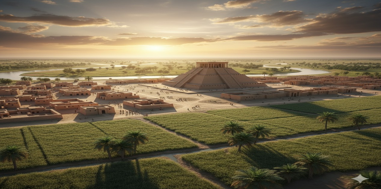 Ένα πανόραμα της αρχαίας Μεσοποταμίας με ένα επιβλητικό ζιγκουράτ να δεσπόζει, περιτριγυρισμένο από καλλιεργημένες εκτάσεις και οικισμούς. Η εύφορη γη ανάμεσα στους ποταμούς Τίγρη και Ευφράτη, η κοιτίδα του πολιτισμού, όπου γεννήθηκαν η γραφή, τα μαθηματικά και το δίκαιο. Ανακαλύψτε την ιστορία που άλλαξε τον κόσμο.