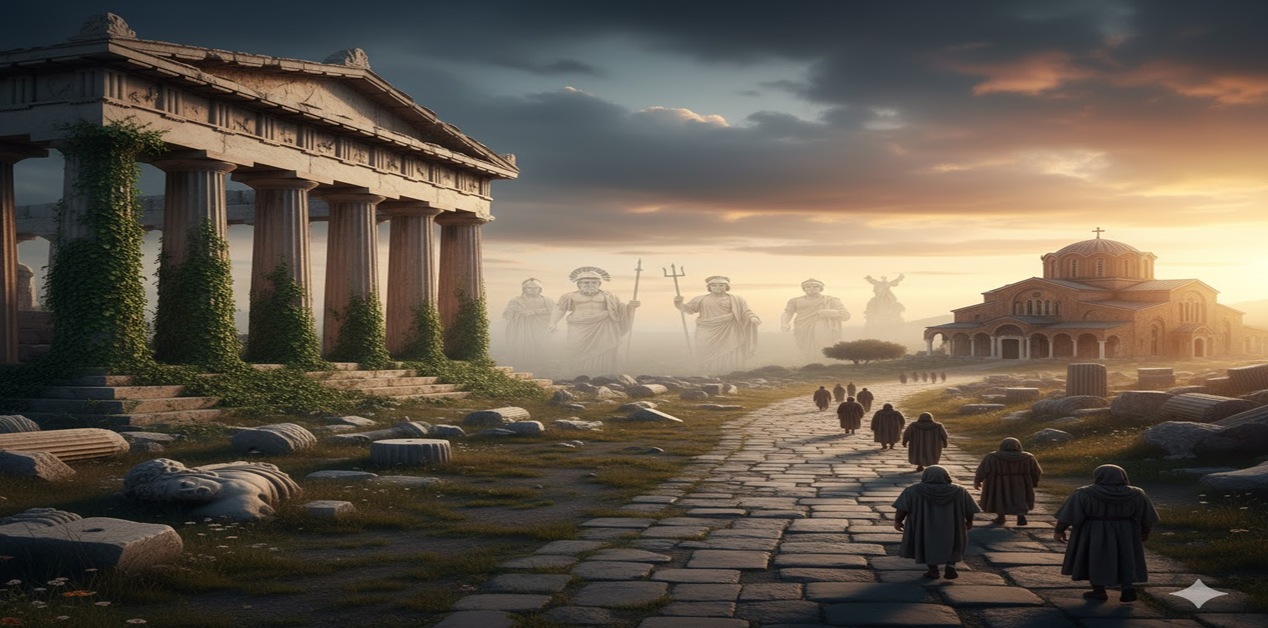 Η μετάβαση από την αρχαία ελληνική θρησκεία στον Χριστιανισμό: ερειπωμένος ναός δίπλα σε ανατέλλουσα εκκλησία.