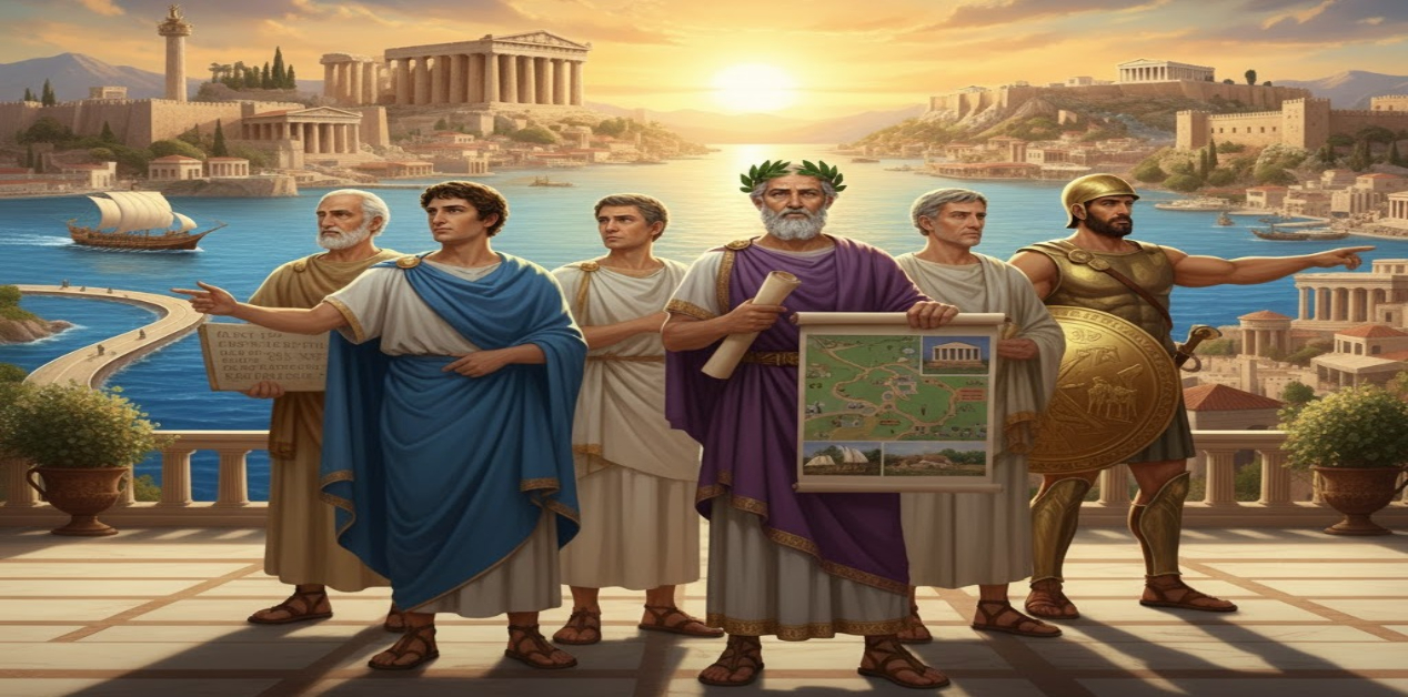 Αρχαίοι Έλληνες Τύραννοι, όπως ο Πεισίστρατος και ο Περίανδρος, σε ένα μπαλκόνι με φόντο μια ακμάζουσα πόλη-κράτος την ώρα του ηλιοβασιλέματος.