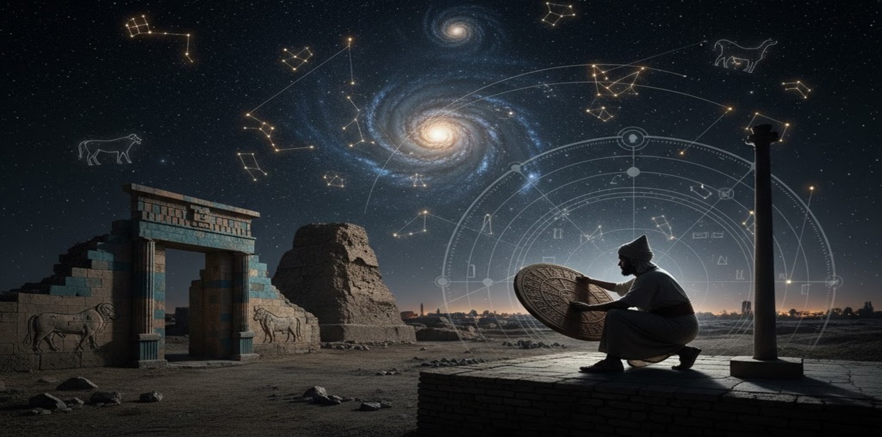 Μια εκπληκτική απεικόνιση των αρχαίων ερειπίων της Βαβυλώνας κάτω από έναν έναστρο ουρανό. Στο προσκήνιο, ένας Βαβυλώνιος αστρονόμος παρατηρεί τον ουρανό με τα όργανά του, με τους αστερισμούς και τις σπείρες των γαλαξιών να αναδεικνύουν το μεγαλείο του σύμπαντος που μελετούσε.