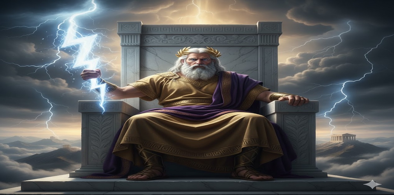 Δυναμικός Δίας εν μέσω καταιγίδας στον Όλυμπο, εκτοξεύει κεραυνό. Ουρανός σκοτεινός, φωτισμένος από την ενέργεια του όπλου του.