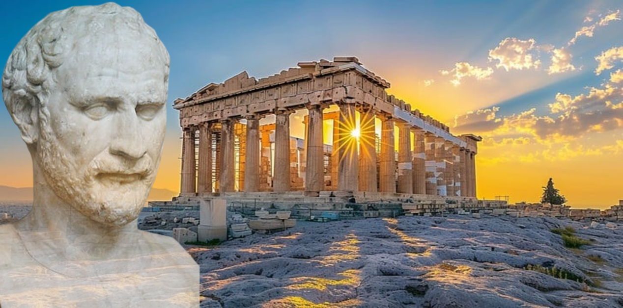 Πώς ο Δημοσθένης Έγινε ο Μεγαλύτερος Ρήτορας της Αρχαιότητας - Προτομή του Δημοσθένη μπροστά στον Παρθενώνα στην Ακρόπολη κατά τη δύση του Ήλιου.