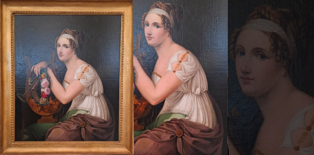 Ευτέρπη: Μούσα της Μουσικής - Κλασικός πίνακας της Μούσας Ευτέρπης, ντυμένης στα λευκά, η οποία ακουμπά σε ένα μεγάλο μουσικό όργανο στολισμένο με λουλούδια, σε σκούρο φόντο.