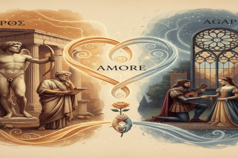 Εννοιολογική εικόνα που απεικονίζει την εξέλιξη της αγάπης. Στην αριστερή πλευρά, η αρχαία ελληνική έννοια του «Έρωτα» με ένα άγαλμα του Έρωτα και έναν φιλόσοφο. Στη δεξιά πλευρά, η μεσαιωνική έννοια της «Agape» με έναν τροβαδούρο και μια κυρία. Στο κέντρο, οι δύο κόσμοι ενώνονται με μια φωτεινή, στυλιζαρισμένη καρδιά που φέρει τη λέξη «Amore».