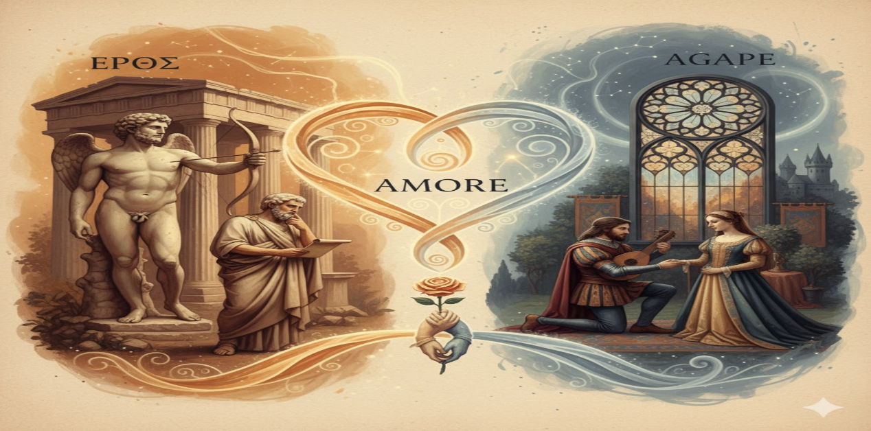 Εννοιολογική εικόνα που απεικονίζει την εξέλιξη της αγάπης. Στην αριστερή πλευρά, η αρχαία ελληνική έννοια του «Έρωτα» με ένα άγαλμα του Έρωτα και έναν φιλόσοφο. Στη δεξιά πλευρά, η μεσαιωνική έννοια της «Agape» με έναν τροβαδούρο και μια κυρία. Στο κέντρο, οι δύο κόσμοι ενώνονται με μια φωτεινή, στυλιζαρισμένη καρδιά που φέρει τη λέξη «Amore».