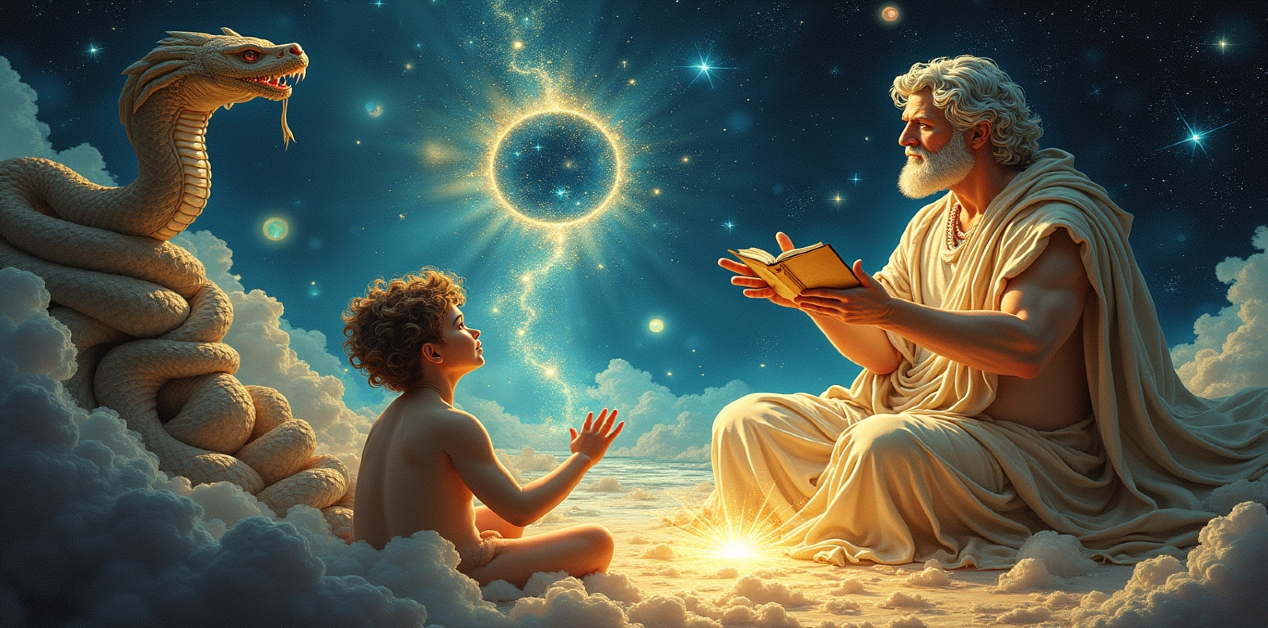 Σοφός ηλικιωμένος άνδρας με ρόμπα διδάσκει ένα νεαρό αγόρι, ενώ κάθονται στα σύννεφα, με φόντο έναν έναστρο ουρανό και έναν μεγάλο, κουλουριασμένο όφι.