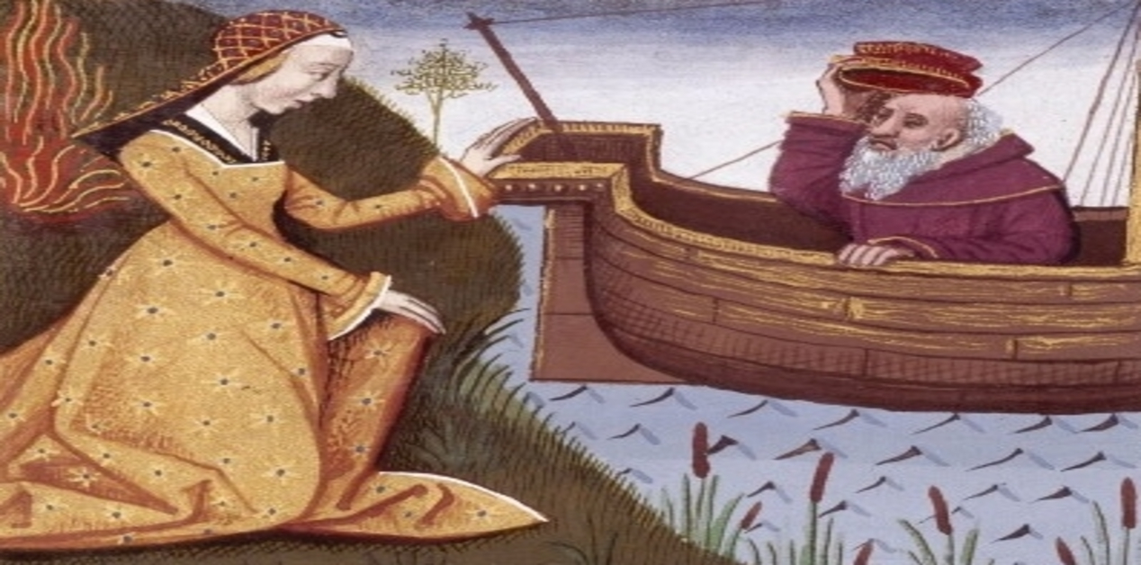 Υψιπύλη: Βασίλισσα και Σκλάβα - Μεσαιωνική εικονογράφηση που δείχνει την Υψιπύλη, ντυμένη με κίτρινο φόρεμα και κόκκινο κάλυμμα κεφαλής, γονατιστή στην όχθη ενός ποταμού. Απλώνει το χέρι της προς έναν ηλικιωμένο, γενειοφόρο άνδρα (τον Θόα) που βρίσκεται μέσα σε μια ξύλινη βάρκα.