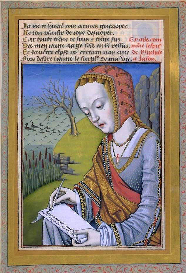 Μεσαιωνική εικονογράφηση: Η Υψιπύλη, ντυμένη με μπλε φόρεμα, χρυσό ύφασμα στους ώμους και κόκκινο κάλυμμα κεφαλής, κάθεται σε ένα τοπίο και γράφει μια επιστολή σε περγαμηνή. Πάνω από την εικόνα υπάρχει κείμενο στα παλαιά γαλλικά.