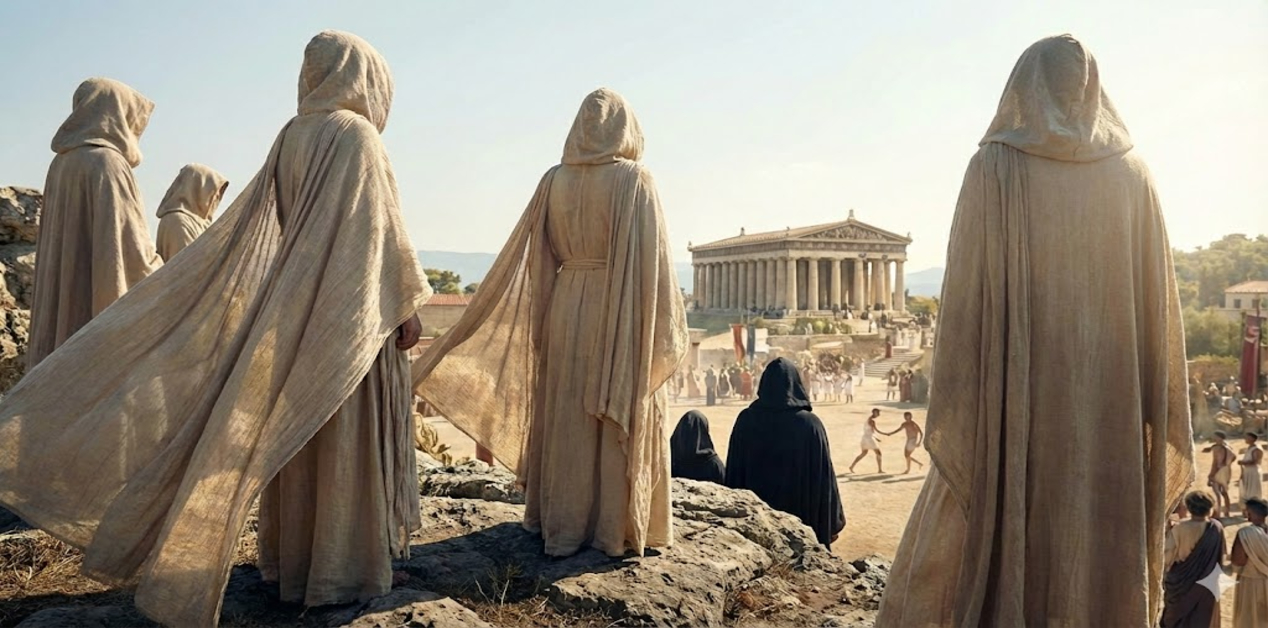 Οι Ιεροί Παρατηρητές της Αρχαίας Ελλάδας και οι Πολλαπλοί Ρόλοι τους - Μια ομάδα από φιγούρες με ανοιχτόχρωμες, κουκουλοφόρες ρόμπες στέκεται σε βράχια, παρατηρώντας ένα αρχαίο Ελληνικό φεστιβάλ με αθλητές και έναν μεγάλο δωρικό ναό στο βάθος κάτω από έντονο Ήλιο.