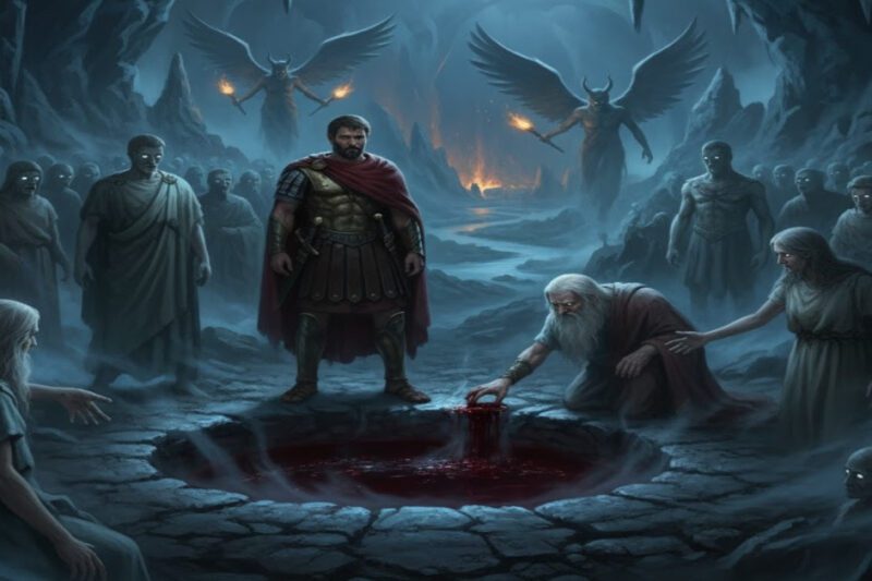 Νέκυια: Η κάθοδος του Οδυσσέα στον Άδη είναι η πιο μυστηριώδης σκηνή της Οδύσσειας - Μια σκηνή από τη Νέκυια, όπου ο Οδυσσέας, με πανοπλία και κόκκινη κάπα, εκτελεί αιματηρή θυσία σε λάκκο στον Άδη, περιτριγυρισμένος από σκιώδεις ψυχές και δαιμονικές φιγούρες.