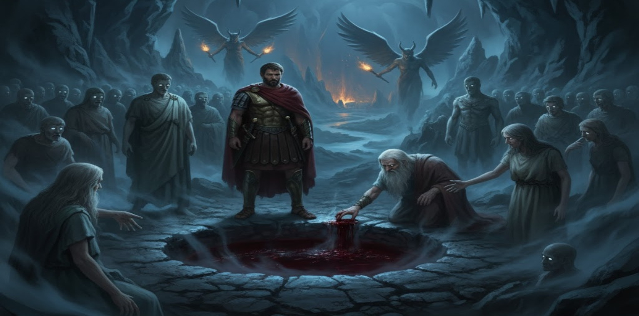 Νέκυια: Η κάθοδος του Οδυσσέα στον Άδη είναι η πιο μυστηριώδης σκηνή της Οδύσσειας - Μια σκηνή από τη Νέκυια, όπου ο Οδυσσέας, με πανοπλία και κόκκινη κάπα, εκτελεί αιματηρή θυσία σε λάκκο στον Άδη, περιτριγυρισμένος από σκιώδεις ψυχές και δαιμονικές φιγούρες.