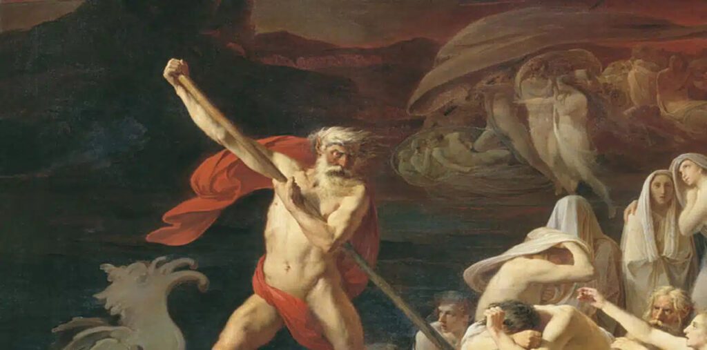 Ο Οδυσσέας, με πανοπλία και κόκκινη κάπα, στέκεται σε μια σκοτεινή σπηλιά (Άδης) μπροστά σε έναν πέτρινο λάκκο με αίμα. Γύρω του, πλήθος από φασματικές μορφές με λαμπερά μάτια τον παρακολουθούν. Ένας γέρος (Τειρεσίας) γονατίζει και αγγίζει το αίμα. Στο βάθος, δύο φτερωτοί δαίμονες κρατούν φωτιά.