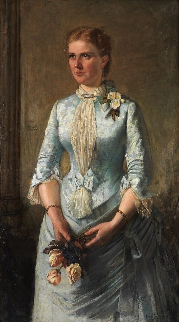 Προσωπογραφία της Βασίλισσας Όλγας (1867). Η νεαρή βασίλισσα με γαλάζιο φόρεμα, δαντέλα και λουλούδια, μπροστά σε σκοτεινό φόντο.