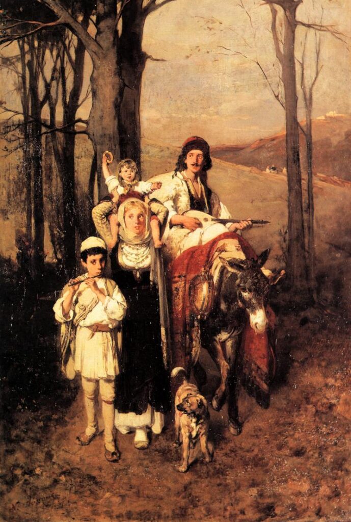 Επιστροφή από το Πανηγύρι της Πεντέλης. Οικογενειακή σκηνή σε δάσος με παραδοσιακές φορεσιές. Ο πατέρας είναι πάνω σε γάιδαρο παίζοντας μουσική, η μητέρα κρατάει δύο παιδιά, και ένας σκύλος τους ακολουθεί.