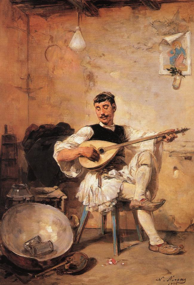 Ο Γαλατάς (Ο Μπουζουξής). Άνδρας με παραδοσιακή φορεσιά, καθισμένος σε εσωτερικό χώρο, παίζει λαούτο, με έναν μεγάλο μεταλλικό κάδο στο προσκήνιο.