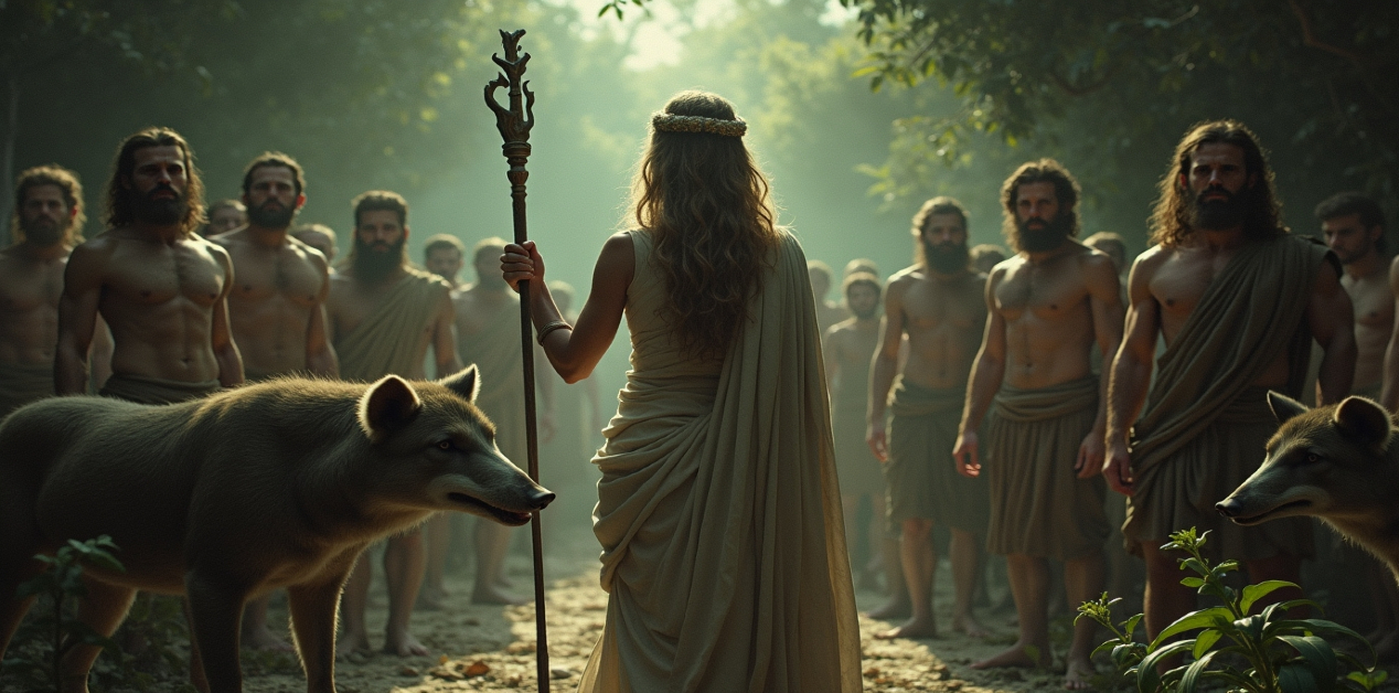 Η μάγισσα Κίρκη με το ραβδί της, στραμμένη προς τους συντρόφους του Οδυσσέα, μερικοί από τους οποίους μεταμορφώνονται σε λύκους, σε ένα δασώδες περιβάλλον.