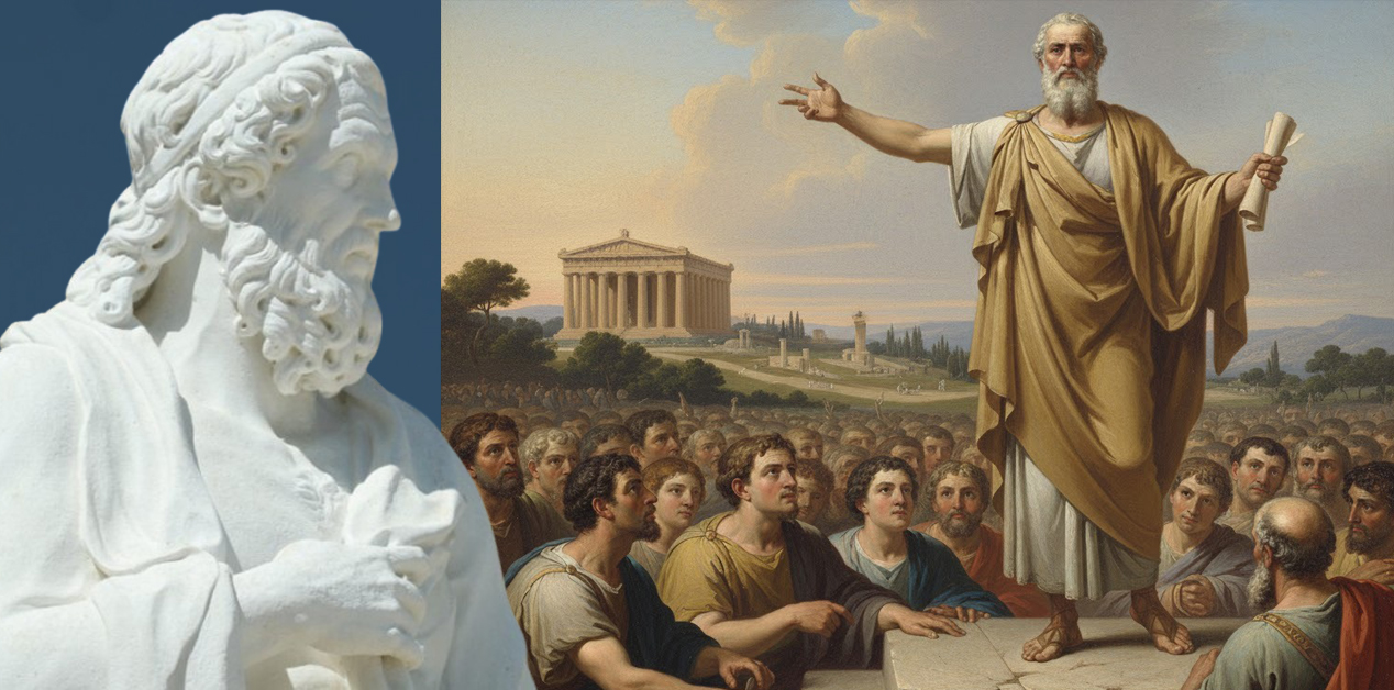 Ο Πανηγυρικός Λόγος του Ισοκράτη - Σύνθεση με μια μαρμάρινη προτομή του Ισοκράτη στα αριστερά και μια ζωγραφική απεικόνιση του ρήτορα να εκφωνεί λόγο σε πλήθος, με την αρχαία Ολυμπία στο φόντο.