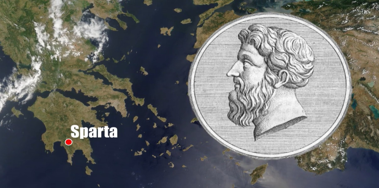 Χίλων ο Λακεδαιμόνιος - Γραφική απεικόνιση με το πορτρέτο του Χίλωνα του Λακεδαιμόνιου σε προφίλ, πάνω από δορυφορικό χάρτη της Ελλάδας με επισημασμένη τη θέση της Σπάρτης.