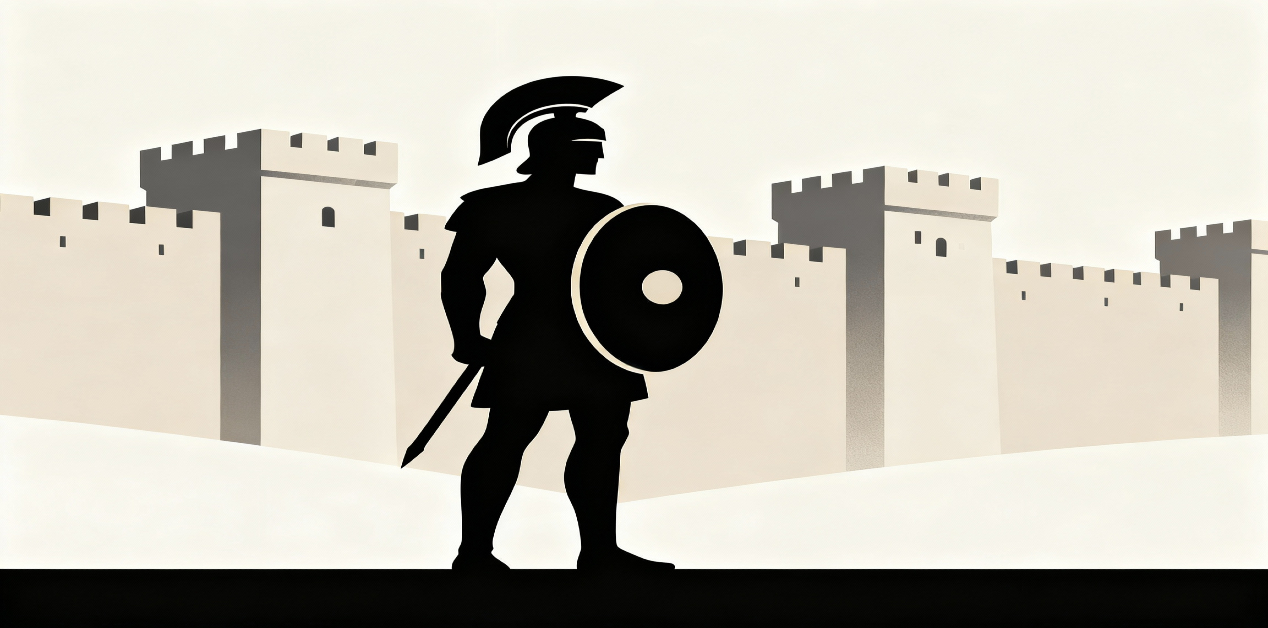 Ετυμολογία του ονόματος Έκτορας «Σιλουέτα αρχαίου Έλληνα πολεμιστή με ασπίδα και δόρυ μπροστά από τείχη πόλης, σε μίνιμαλ εικονογράφηση.»