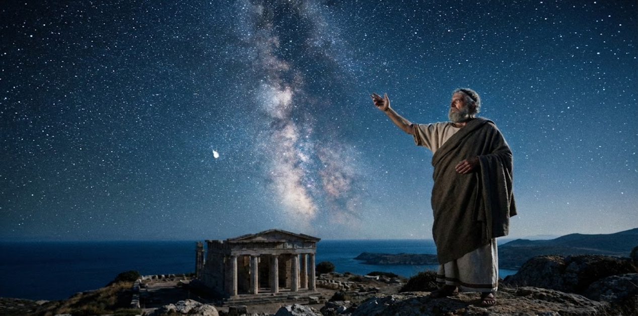 Ο Ουρανός των Αρχαίων Ελλήνων: Ένα Βιβλίο Γραμμένο με Φως - Ένας άνδρας ντυμένος ως αρχαίος Έλληνας φιλόσοφος στέκεται βράδυ σε λόφο και δείχνει με το χέρι του τον Γαλαξία στον έναστρο ουρανό, πάνω από τα ερείπια ενός αρχαίου ναού δίπλα στη θάλασσα.